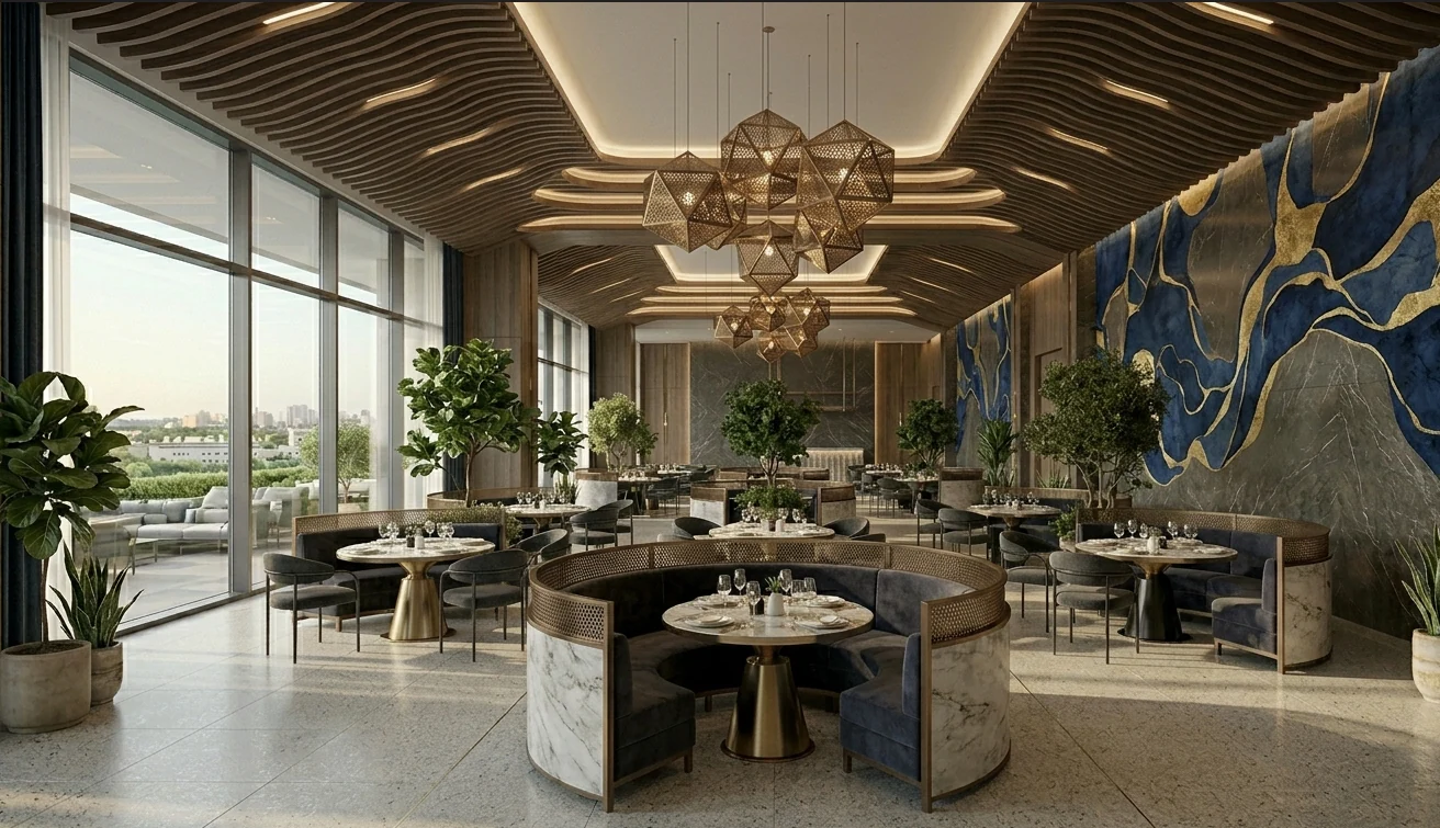 Coffee shop interior with curved seating and a sculptural ceiling